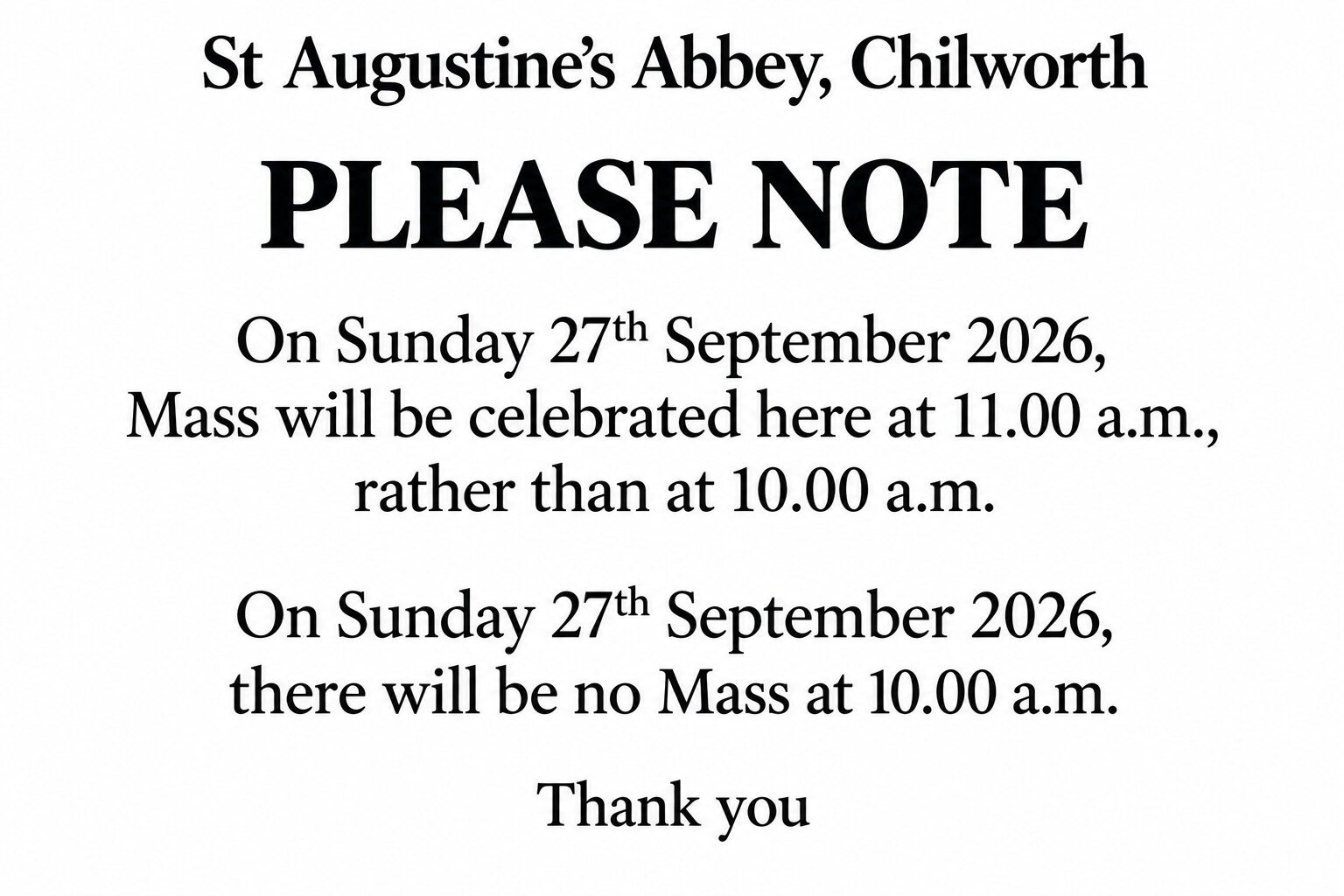 Official notice that Sunday Mass begins at 11am on 27 September 2026 at St Augustine's Abbey, Chilworth